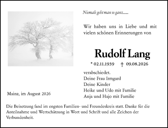 Traueranzeige von Rudolf Lang von Allgemeine Zeitung Mainz