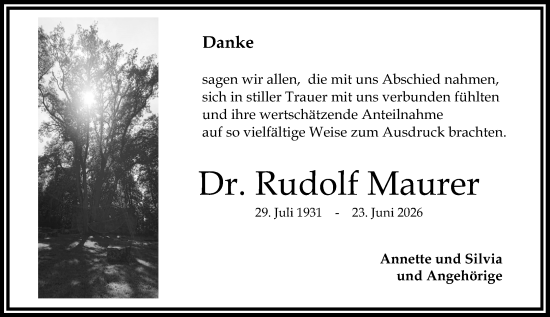 Traueranzeige von Rudolf Maurer von Allgemeine Zeitung Mainz