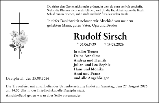 Traueranzeige von Rudolf Sirsch von Hinterländer Anzeiger
