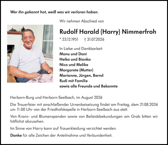 Traueranzeige von Rudolf Harald Nimmerfroh von Dill Block