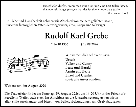Traueranzeige von Rudolf Karl Grebe von Hinterländer Anzeiger