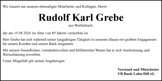 Traueranzeige von Rudolf Karl Grebe von Hinterländer Anzeiger