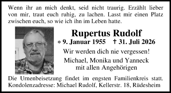 Traueranzeige von Rupertus Rudolf von Binger-/Ingelheimer Wochenblatt