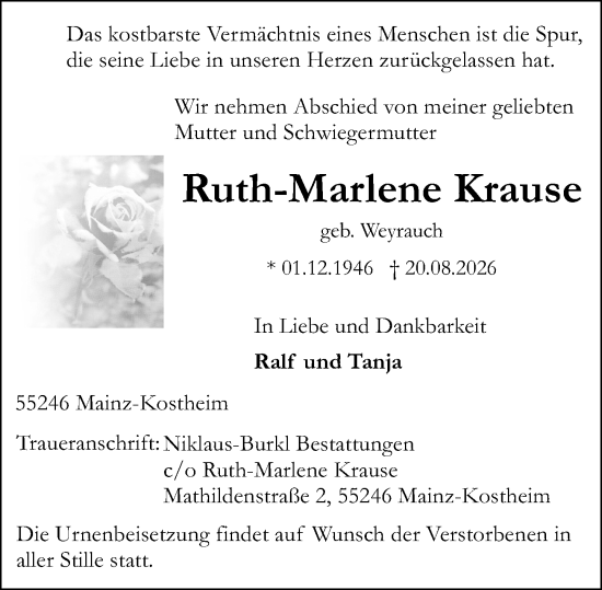 Traueranzeige von Ruth-Marlene Krause von Allgemeine Zeitung Mainz