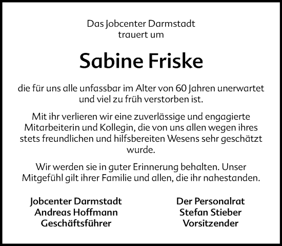 Traueranzeige von Sabine Friske von Darmstädter Echo