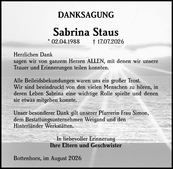 Traueranzeige von Sabrina Staus von Hinterländer Anzeiger
