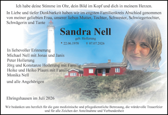 Traueranzeige von Sandra Nell von Wetzlarer Neue Zeitung
