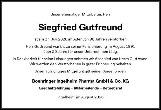 Traueranzeige von Siegfried Gutfreund von Allgemeine Zeitung Rheinhessen-Nahe