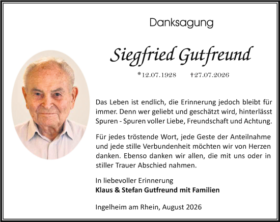 Traueranzeige von Siegfried Gutfreund von Allgemeine Zeitung Rheinhessen-Nahe