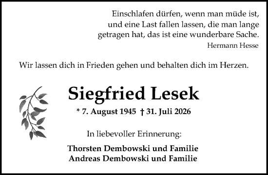 Traueranzeige von Siegfried Lesek von Wiesbadener Kurier