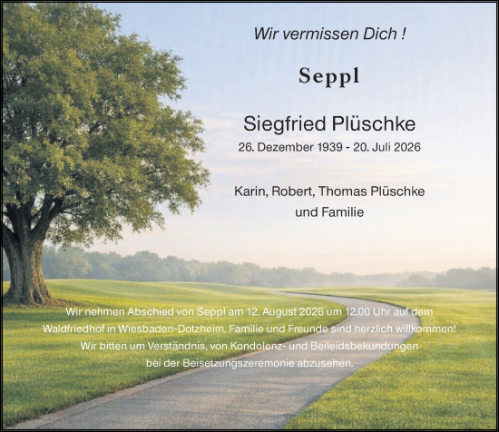 Traueranzeige von Siegfried Plüschke von Wiesbadener Kurier