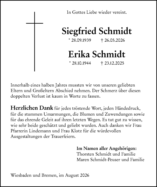 Traueranzeige von Siegfried Schmidt von Weilburger Tageblatt