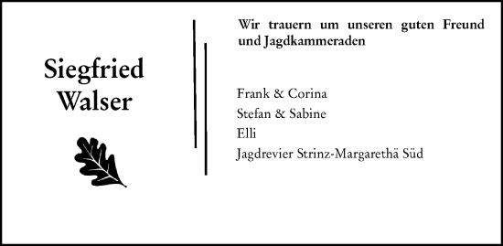 Traueranzeige von Siegfried Walser von Wiesbadener Kurier