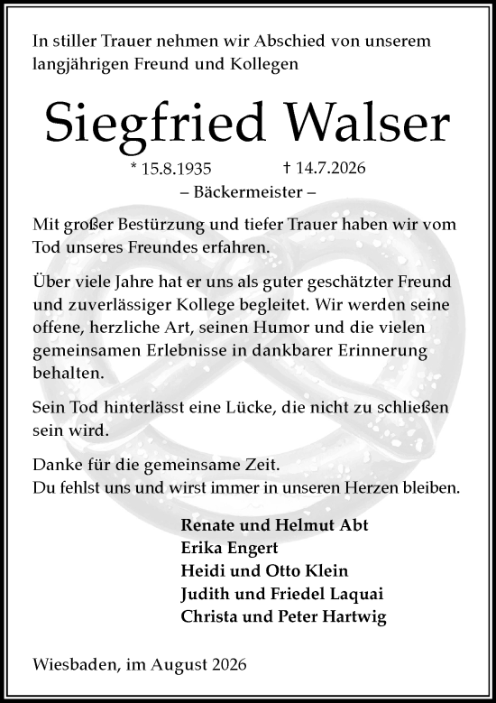 Traueranzeige von Siegfried Walser von Wiesbadener Kurier