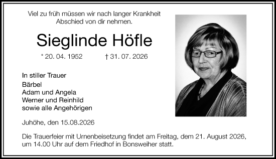 Traueranzeige von Sieglinde Höfle von Starkenburger Echo