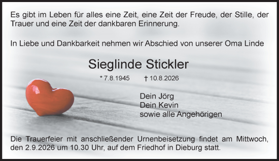 Traueranzeige von Sieglinde Stickler von Dieburger Anzeiger/Groß-Zimmerner Lokal-Anzeiger