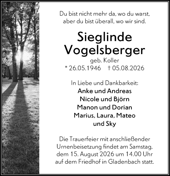 Traueranzeige von Sieglinde Vogelsberger von Hinterländer Anzeiger