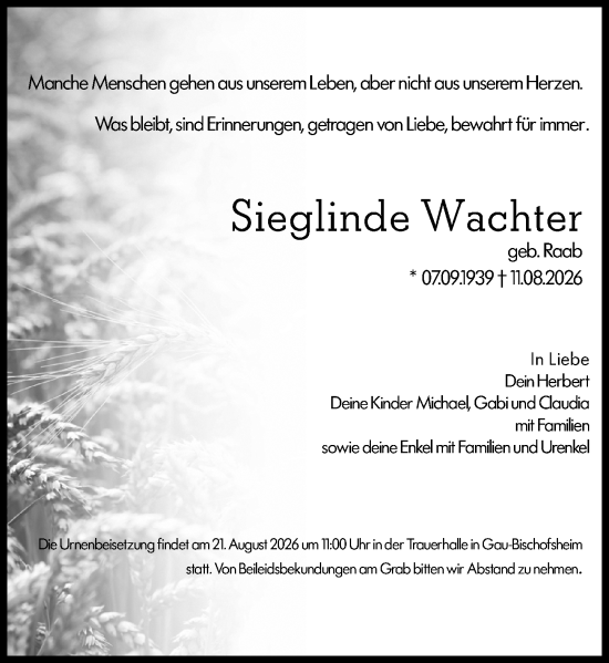 Traueranzeige von Sieglinde Wachter von Allgemeine Zeitung Mainz