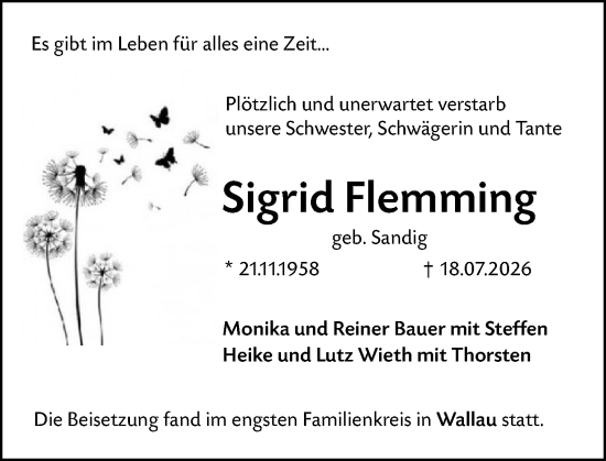 Traueranzeige von Sigrid Flemming von Hinterländer Anzeiger