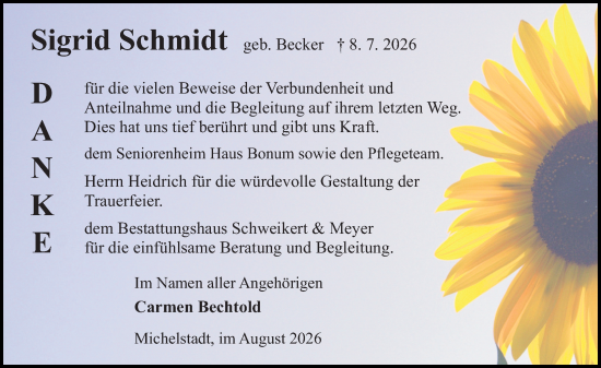 Traueranzeige von Sigrid Schmidt von Odenwälder Echo