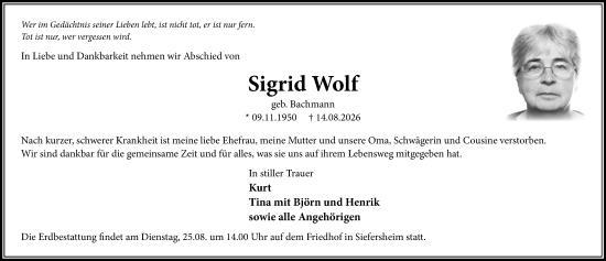 Traueranzeige von Sigrid Wolf von Allgemeine Zeitung Alzey
