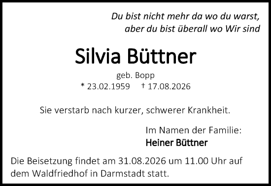 Traueranzeige von Silvia Büttner von Darmstädter Echo