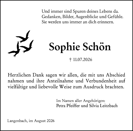 Traueranzeige von Sophie Schön von Weilburger Tageblatt