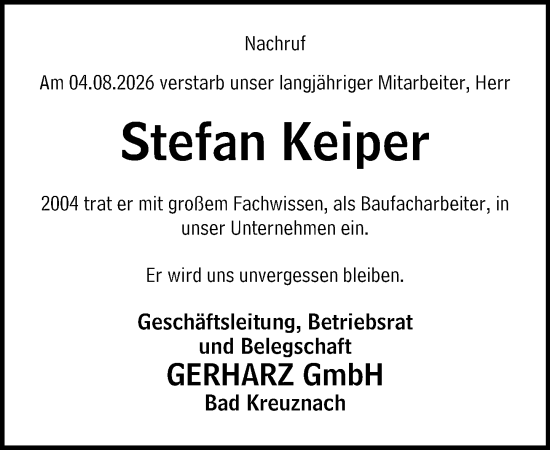 Traueranzeige von Stefan Keiper von Allgemeine Zeitung Rheinhessen-Nahe