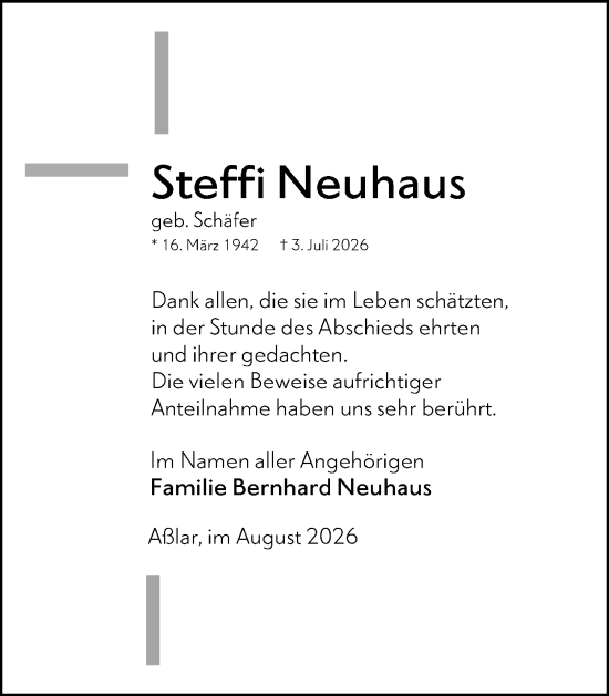 Traueranzeige von Steffi Neuhaus von Wetzlarer Neue Zeitung