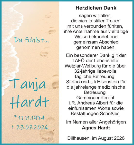Traueranzeige von Tanja Hardt von Weilburger Tageblatt