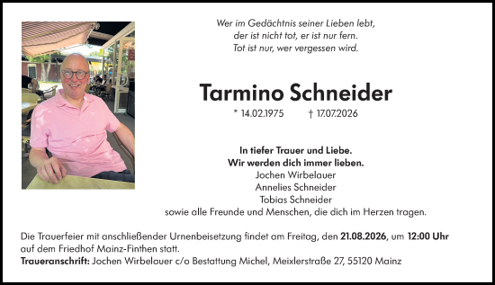 Traueranzeige von Tarmino Schneider von Allgemeine Zeitung Mainz