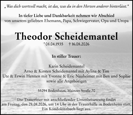 Traueranzeige von Theodor Scheidemantel von Allgemeine Zeitung Mainz