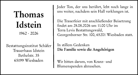 Traueranzeige von Thomas Idstein von Wiesbadener Kurier