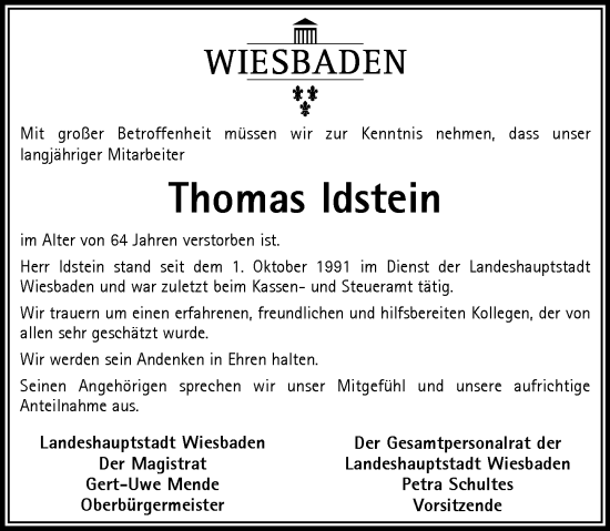 Traueranzeige von Thomas Idstein von Wiesbadener Kurier