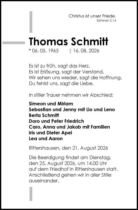 Traueranzeige von Thomas Schmitt von Dill Block