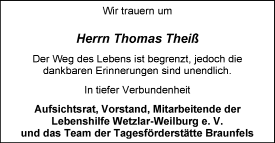 Traueranzeige von Thomas Theiß von Weilburger Tageblatt