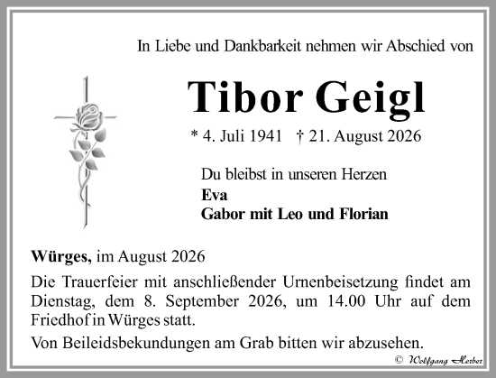 Traueranzeige von Tibor Geigl von Camberger Anzeiger