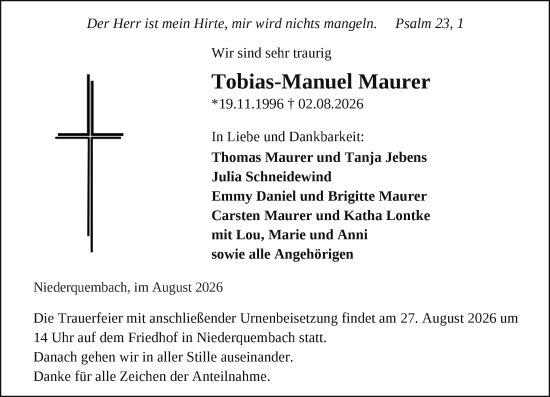 Traueranzeige von Tobias-Manuel Maurer von Wetzlarer Neue Zeitung