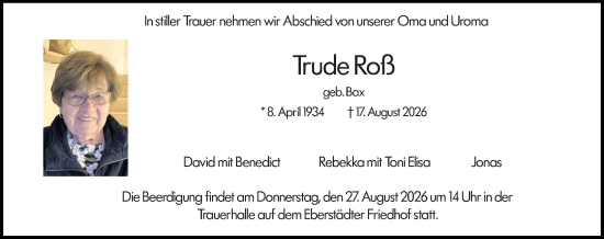 Traueranzeige von Trude Roß von Darmstädter Echo