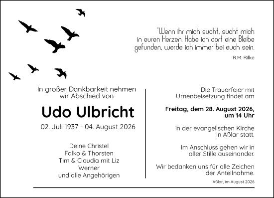 Traueranzeige von Udo Ulbricht von Wetzlarer Neue Zeitung