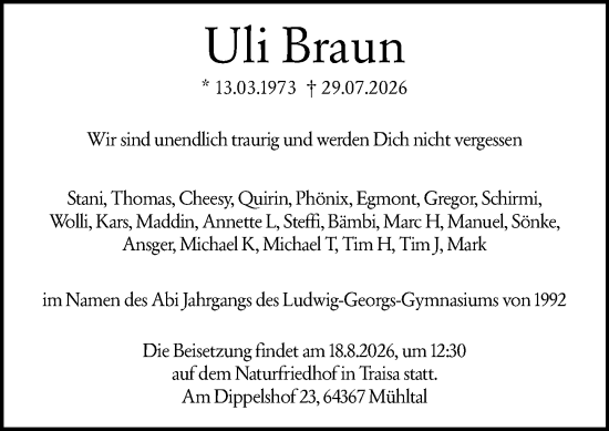 Traueranzeige von Uli Braun von Darmstädter Echo
