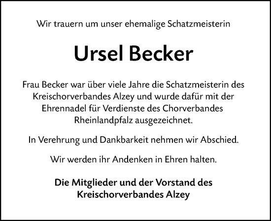 Traueranzeige von Ursel Becker von Allgemeine Zeitung Alzey