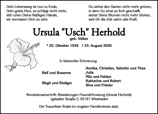 Traueranzeige von Ursula Herhold von Wiesbadener Kurier