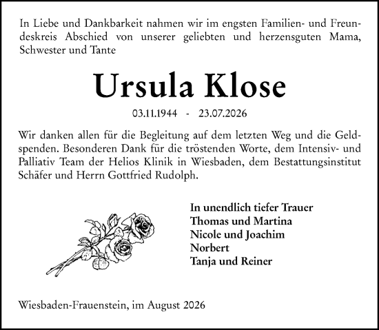 Traueranzeige von Ursula Klose von Wiesbadener Kurier