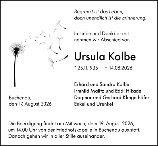 Traueranzeige von Ursula Kolbe von Hinterländer Anzeiger