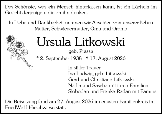 Traueranzeige von Ursula Litkowski von Idsteiner Land/Untertaunus