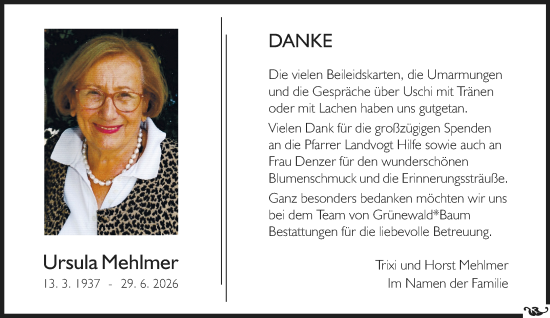 Traueranzeige von Ursula Mehlmer von Allgemeine Zeitung Mainz