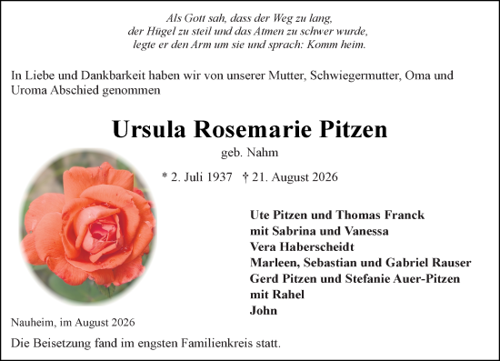 Traueranzeige von Ursula Rosemarie Pitzen von Rüsselsheimer Echo