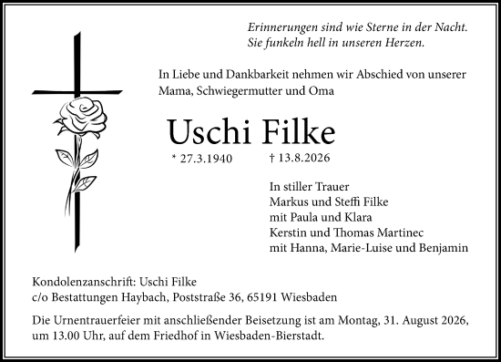Traueranzeige von Uschi Filke von Wiesbadener Kurier