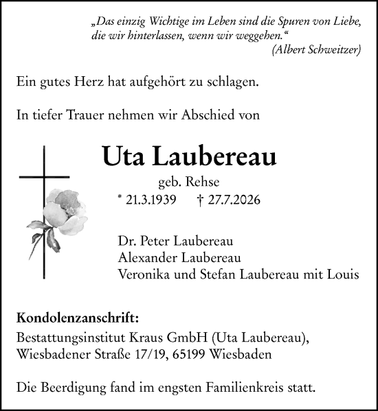 Traueranzeige von Uta Laubereau von Wiesbadener Kurier